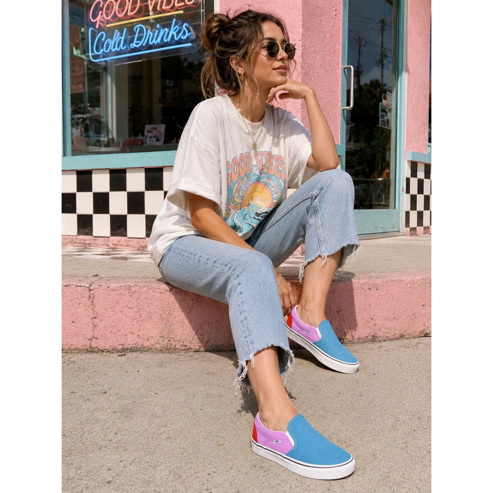 Vans Classic Canvas Slip-On Shoes Women Size 9 Blue Pink Red Low Top Sneakers
